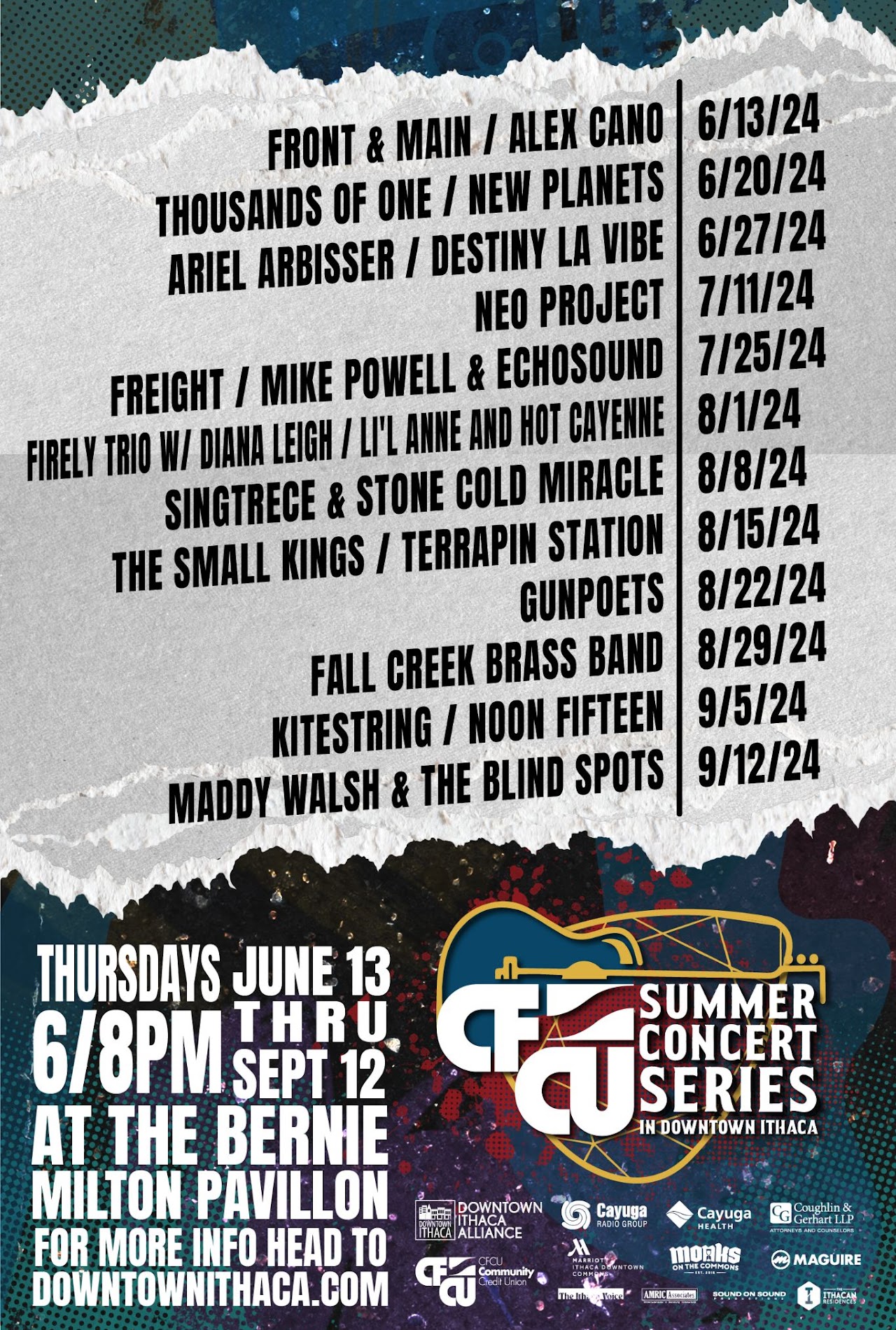 Music lineup for Summer Concert Series. Thursdays 6-8PM. June 13-September 12. More information at downtownithaca.com